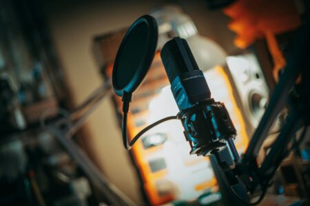 Professional recording studio microphone setup for audiobook narration