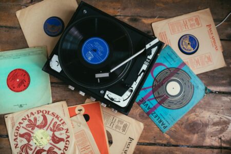 Rows of vinyl records on shelves in a record store