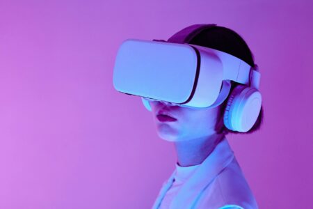 Person wearing a VR headset in a modern living room setting