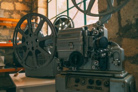 Classic movie theater interior with vintage seating and projection equipment
