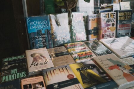 Cozy bookstore interior with comfortable seating area and bookshelves