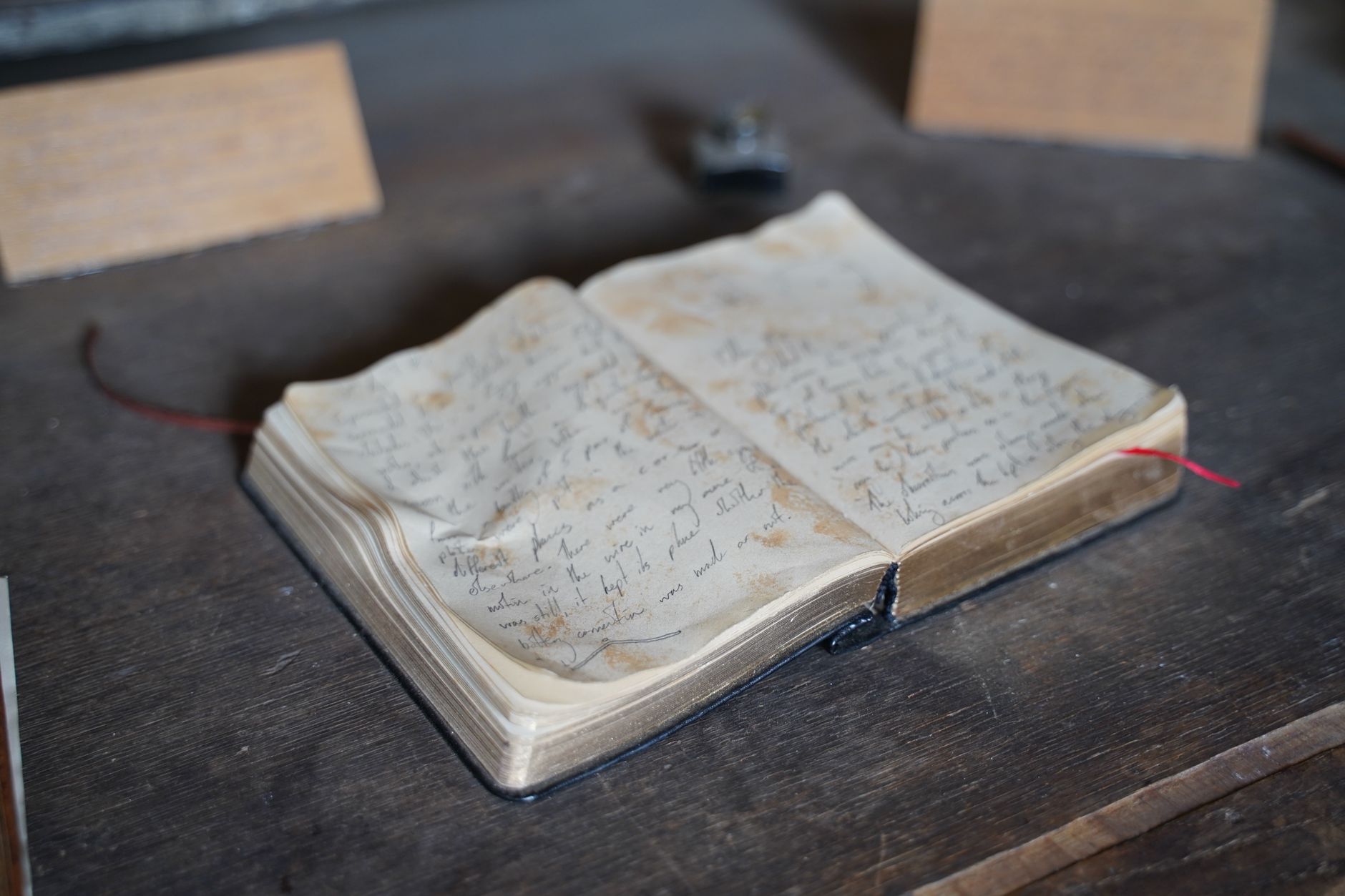 Open handwritten diary on a wooden desk with soft natural light
