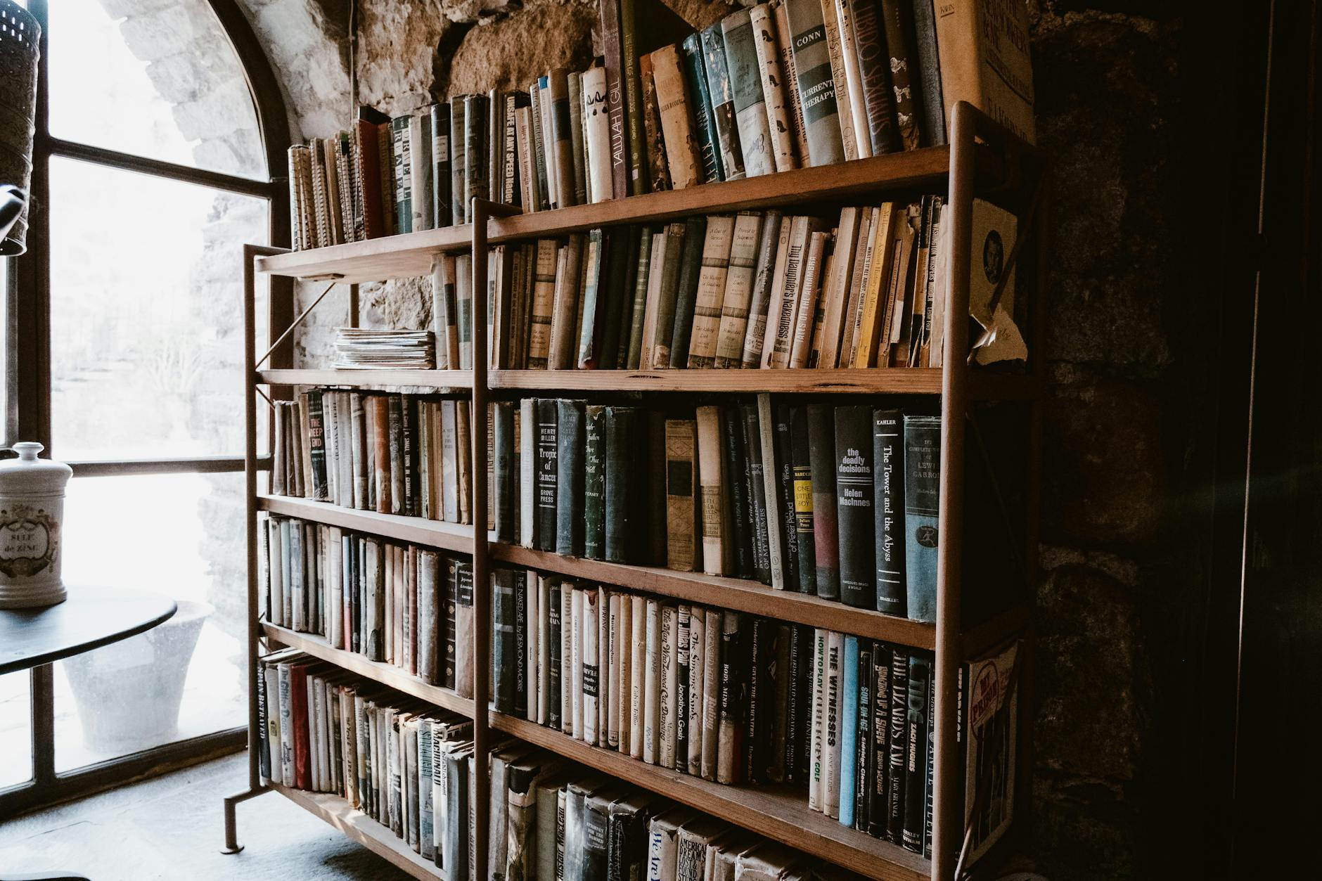 Old library shelves lined with worn hardcover books