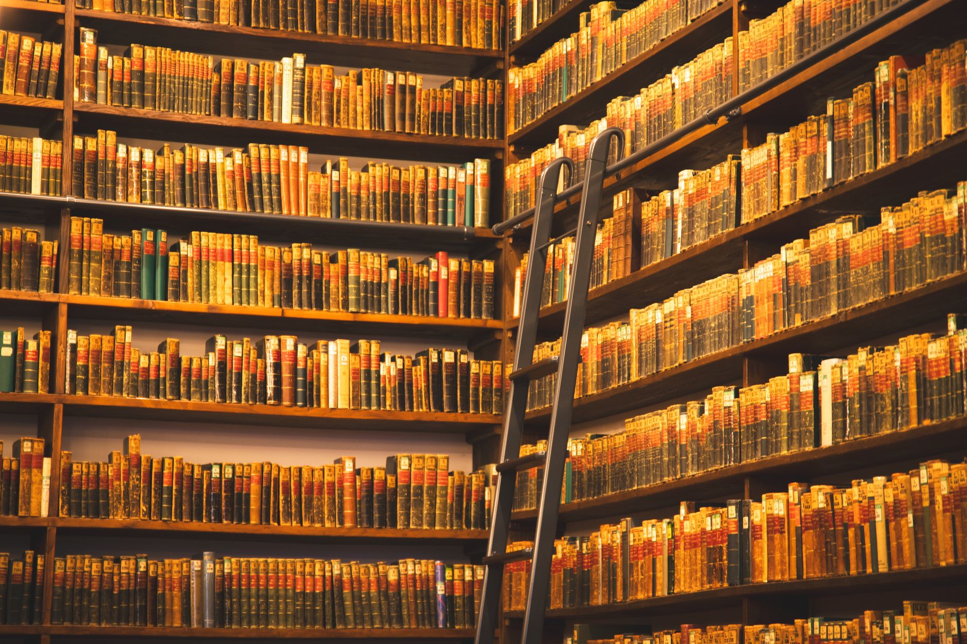 Rows of aged books on wooden library shelves in dim lighting
