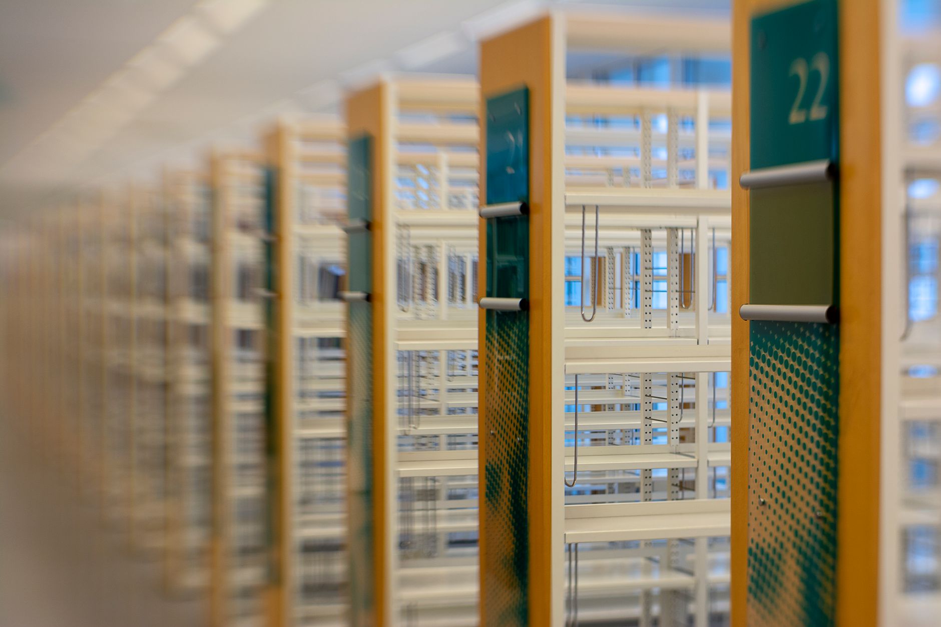 Rows of books on public library shelves in warm interior light