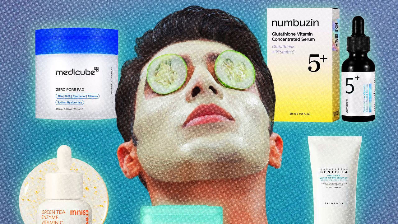 Arranged Korean skincare products including toner, essence, and moisturizer on a clean surface