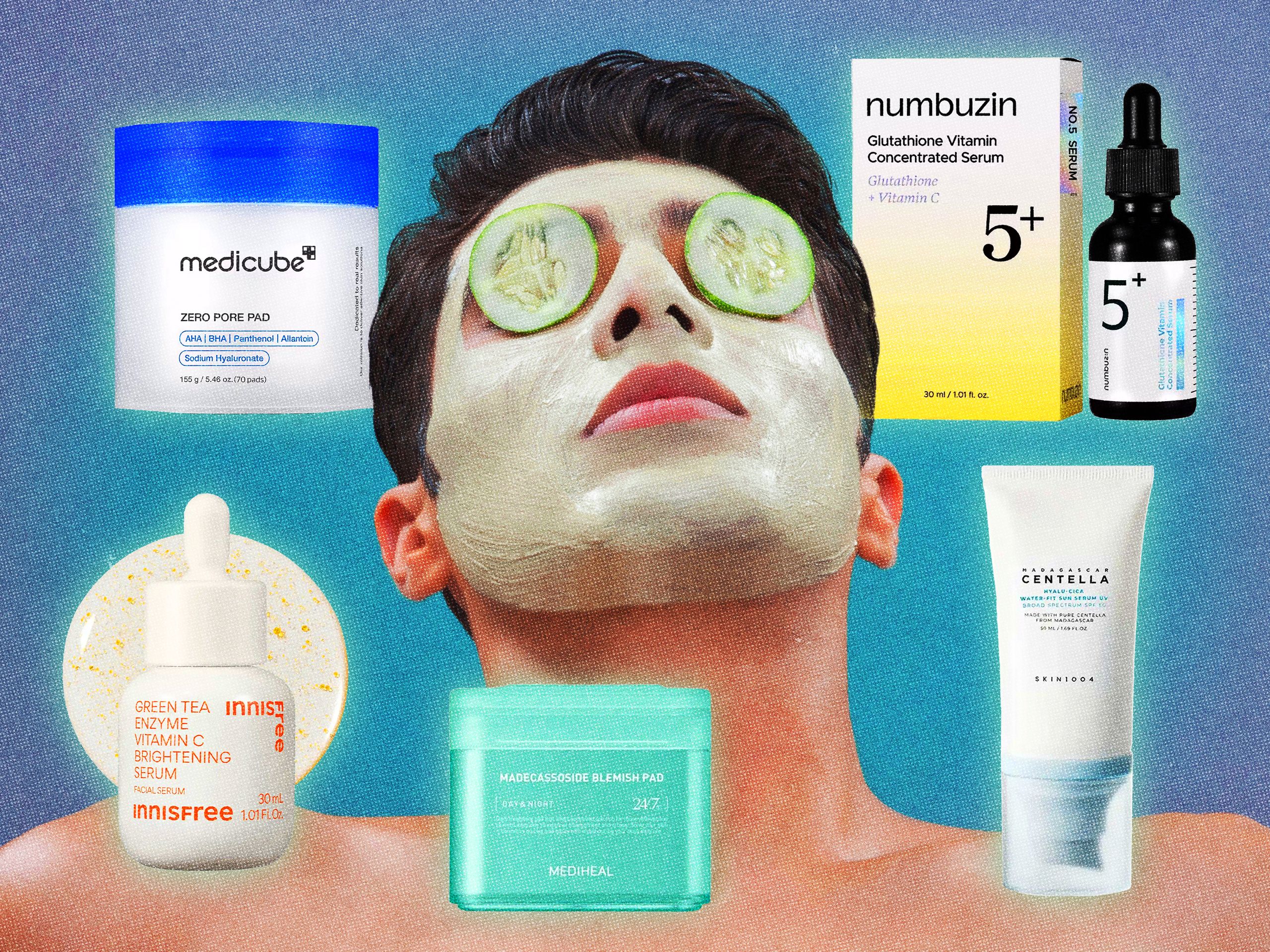 Man applying skincare product to face in bathroom mirror during morning routine