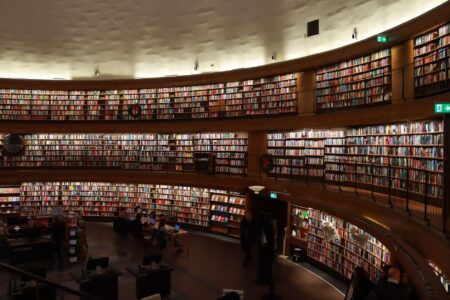 Rows of philosophy books on wooden shelves in a Parisian-style library