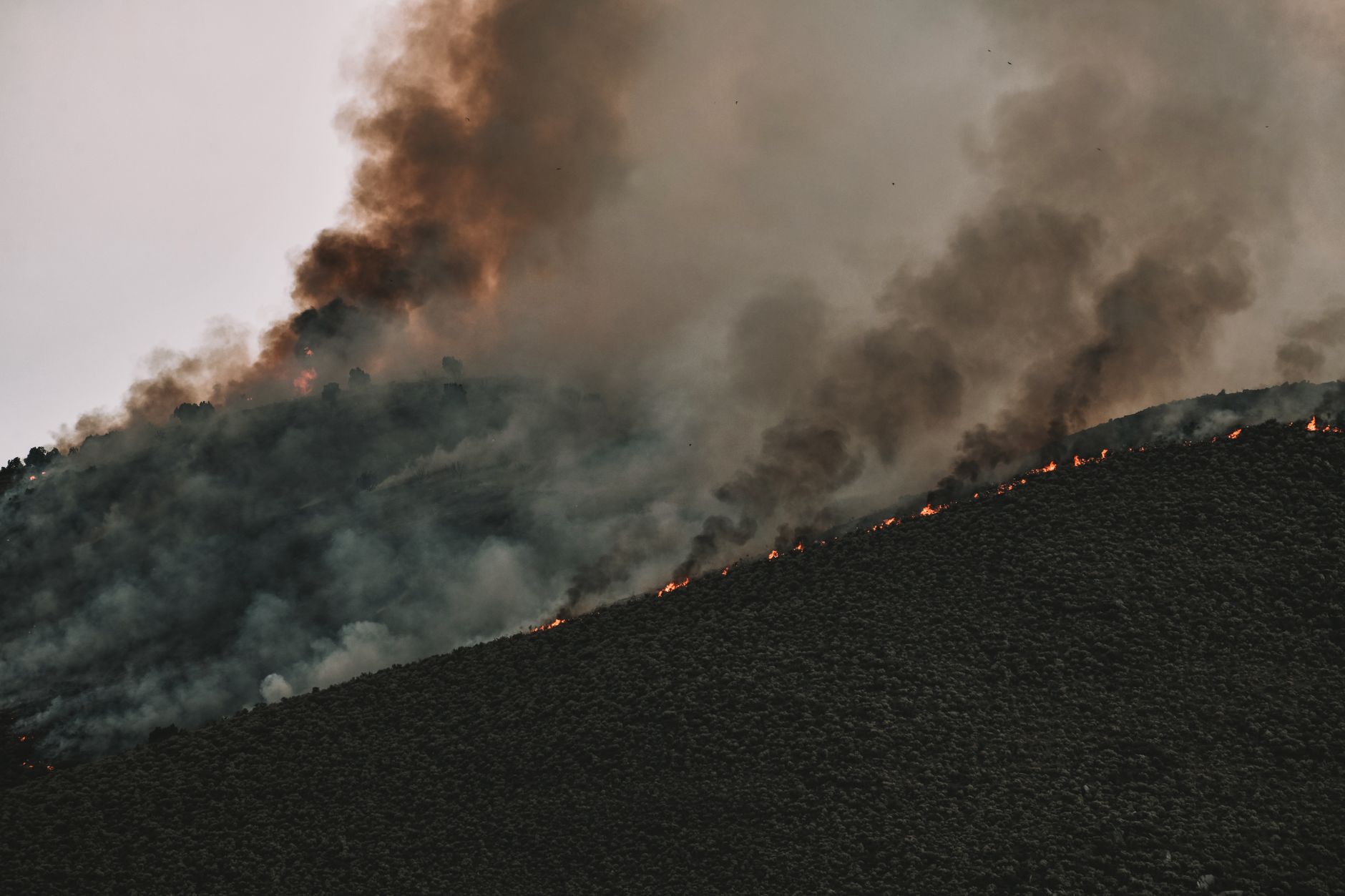 Smoke and flames rising over dry hillside terrain during an active wildfire