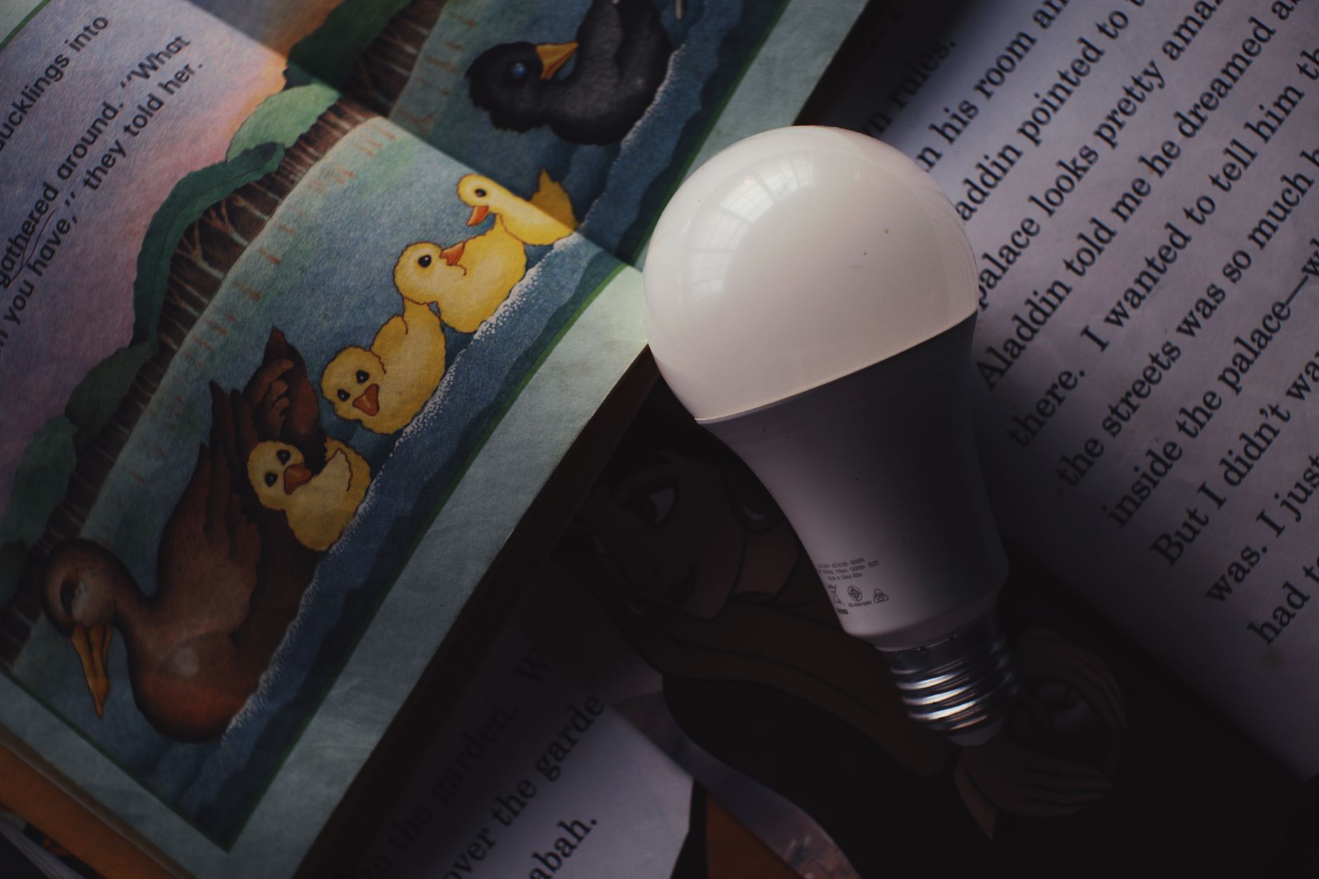 An open book resting on a dark surface with dramatic side lighting