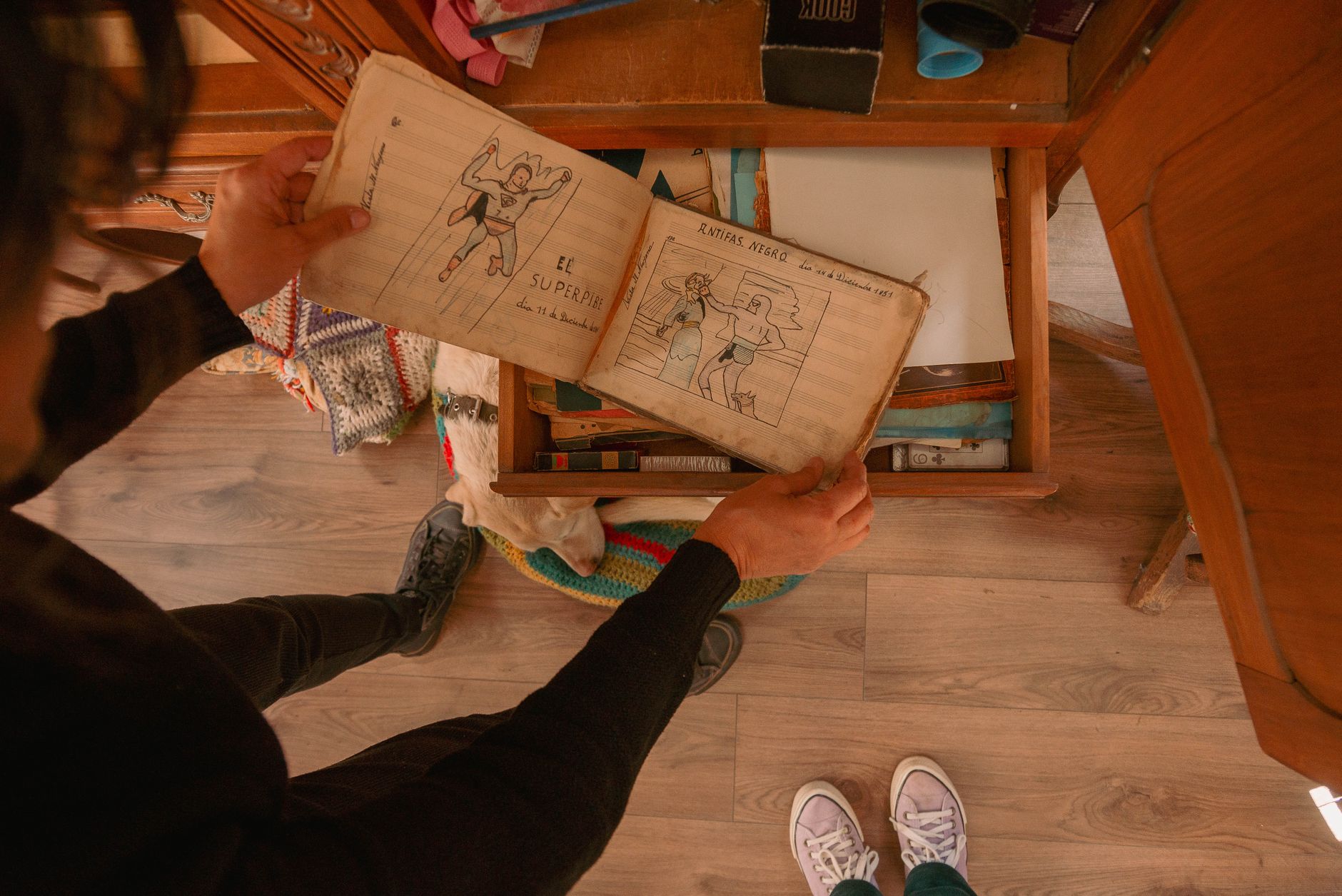 Old animation drawing desk with cartoon character sketches
