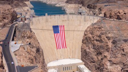Aerial view of the Hoover Dam and surrounding canyon landscape