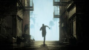 Rain-slicked city street at night, evoking the atmosphere of crime fiction