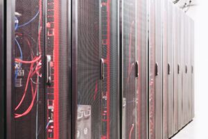 Rows of server hardware in a modern data center rack