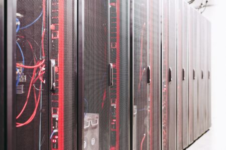 Rows of server hardware in a modern data center rack
