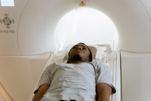 An MRI machine in a hospital radiology room used for brain scanning