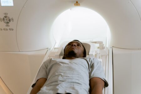 An MRI machine in a hospital radiology room used for brain scanning