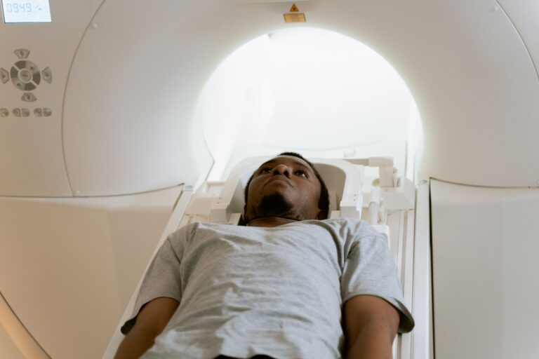 An MRI machine in a hospital radiology room used for brain scanning