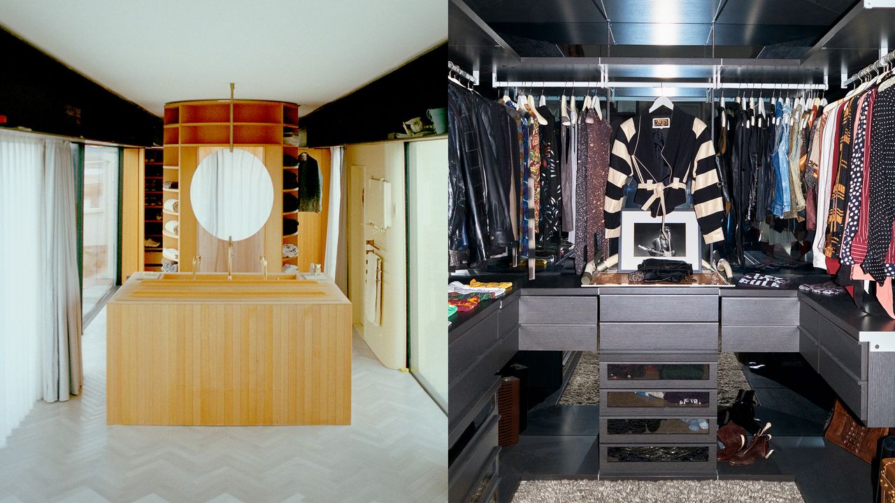 Organized walk-in closet with dark wood shelving and neatly arranged clothing